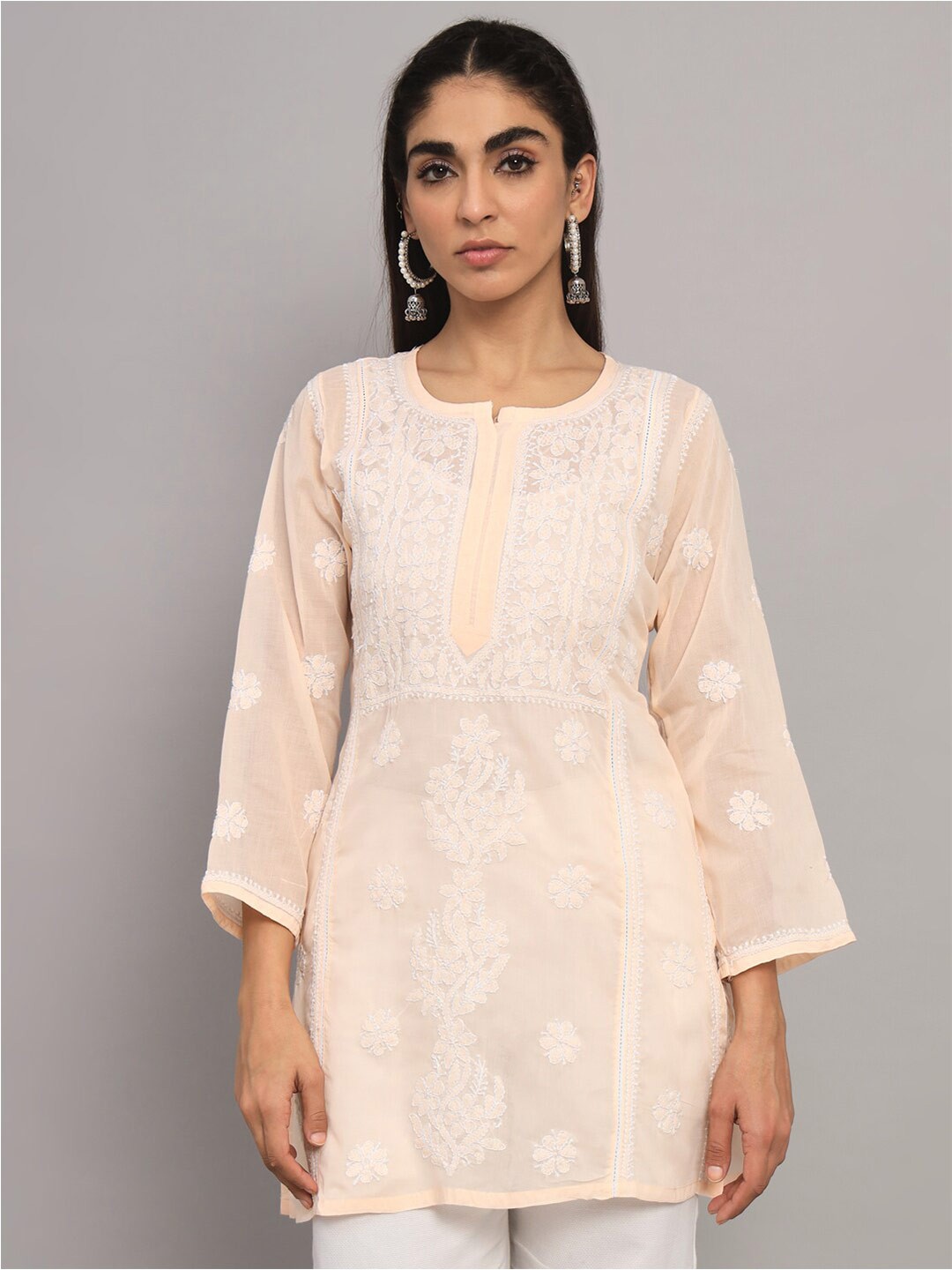 

PARAMOUNT CHIKAN Ethnic Motifs Embroidered Chikankari Pure Cotton Kurti, Peach