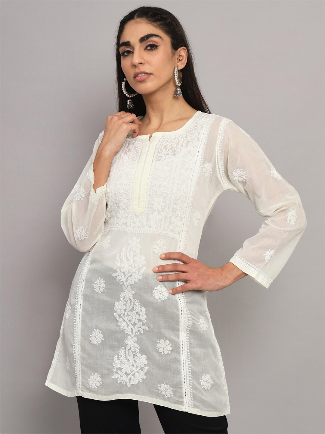 

PARAMOUNT CHIKAN Ethnic Motifs Embroidered Chikankari Pure Cotton Kurti, Cream