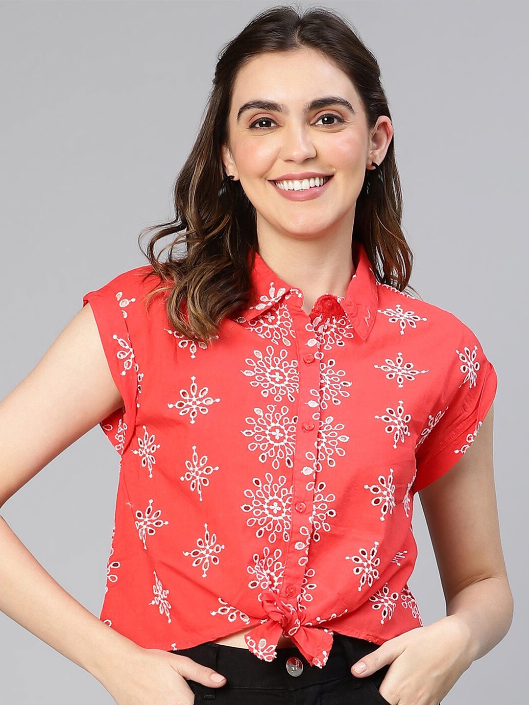 

Oxolloxo Ethnic Motifs Printed Cotton Shirt Style Top, Red