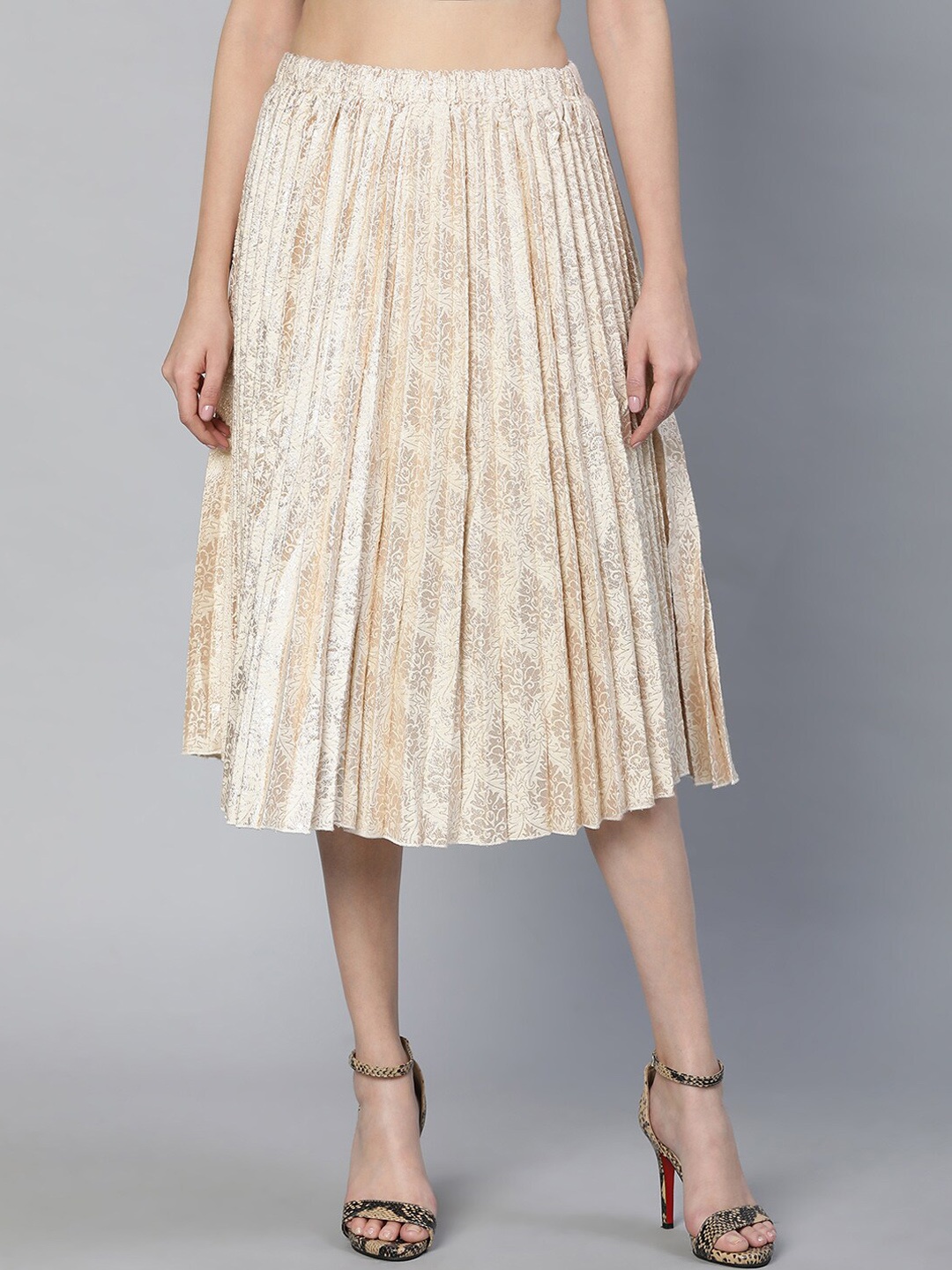 

Oxolloxo Printed Pleated Above Knee Length Flared Skirt, Beige