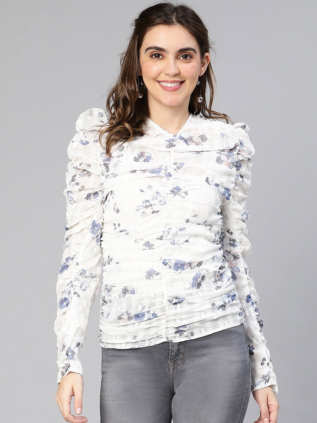 

Oxolloxo Floral Printed Ruched Puff Sleeves Top, Cream