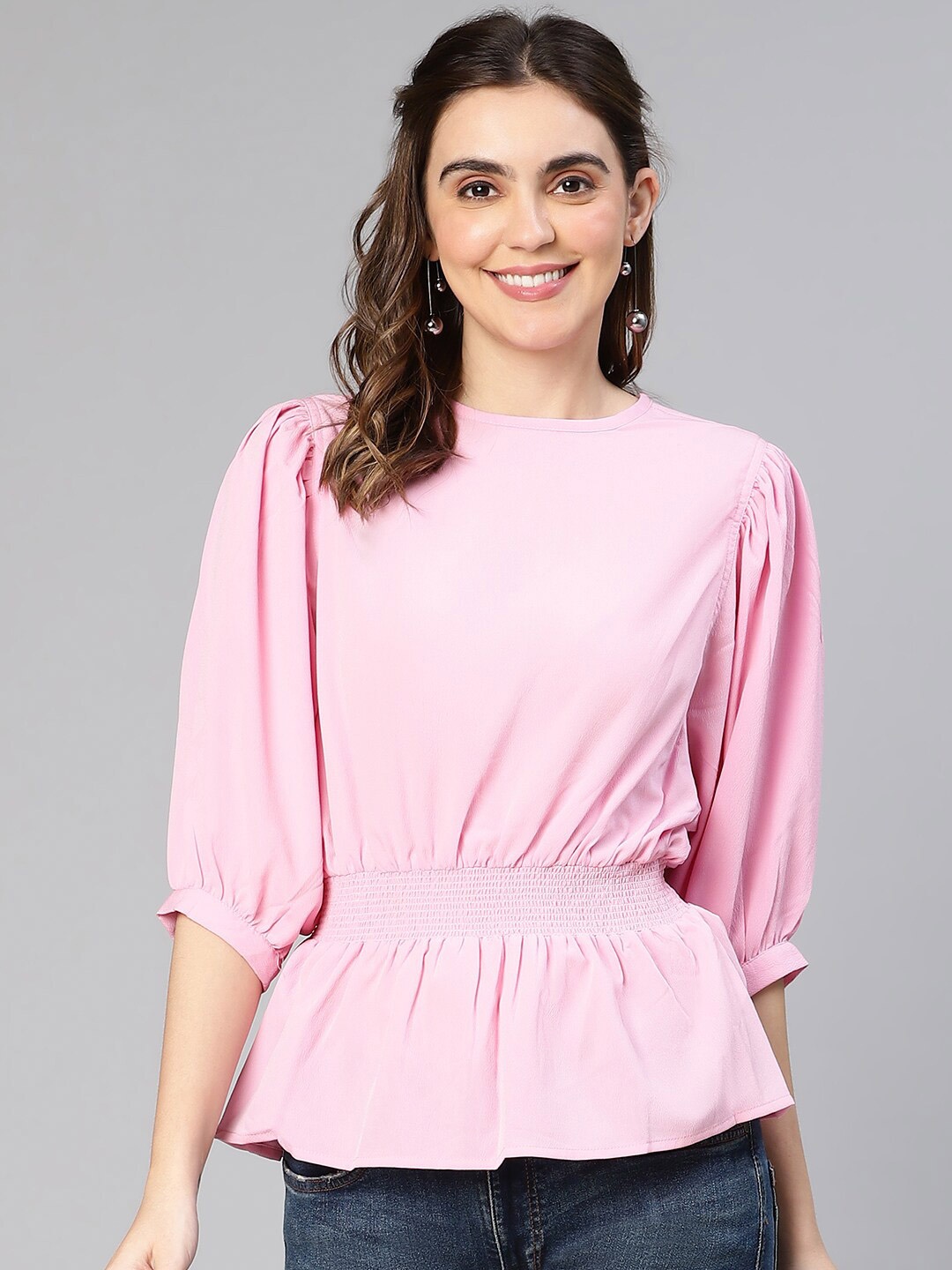 

Oxolloxo Puff Sleeves Smocked Cinched Waist Top, Pink