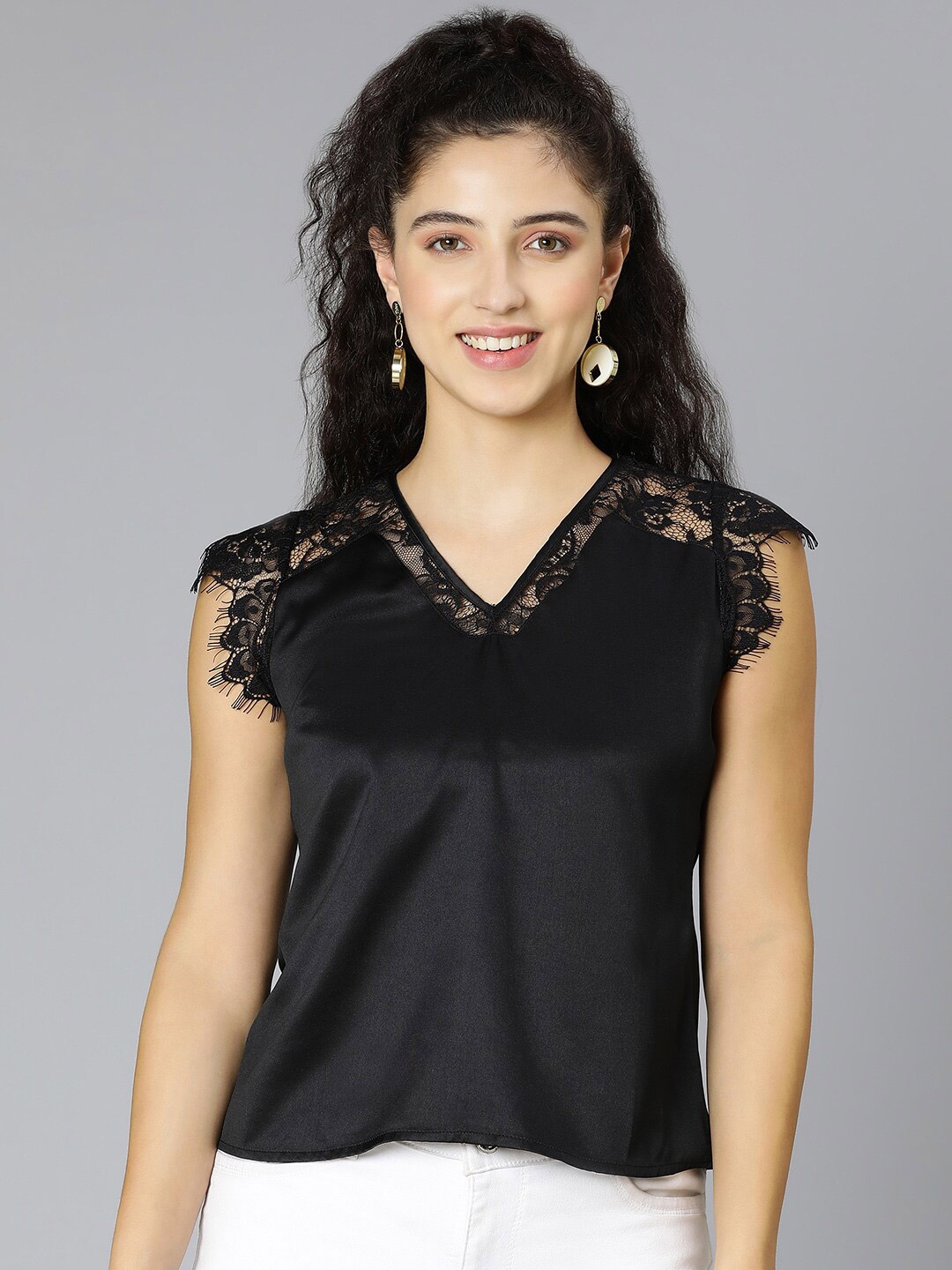 

Oxolloxo V-Neck Satin Top, Black