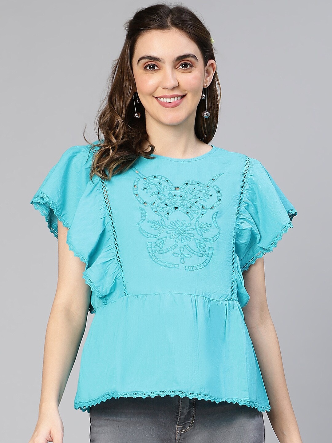 

Oxolloxo Embroidered Cut-Out Detail Organic Cotton Laced Regular Top, Blue