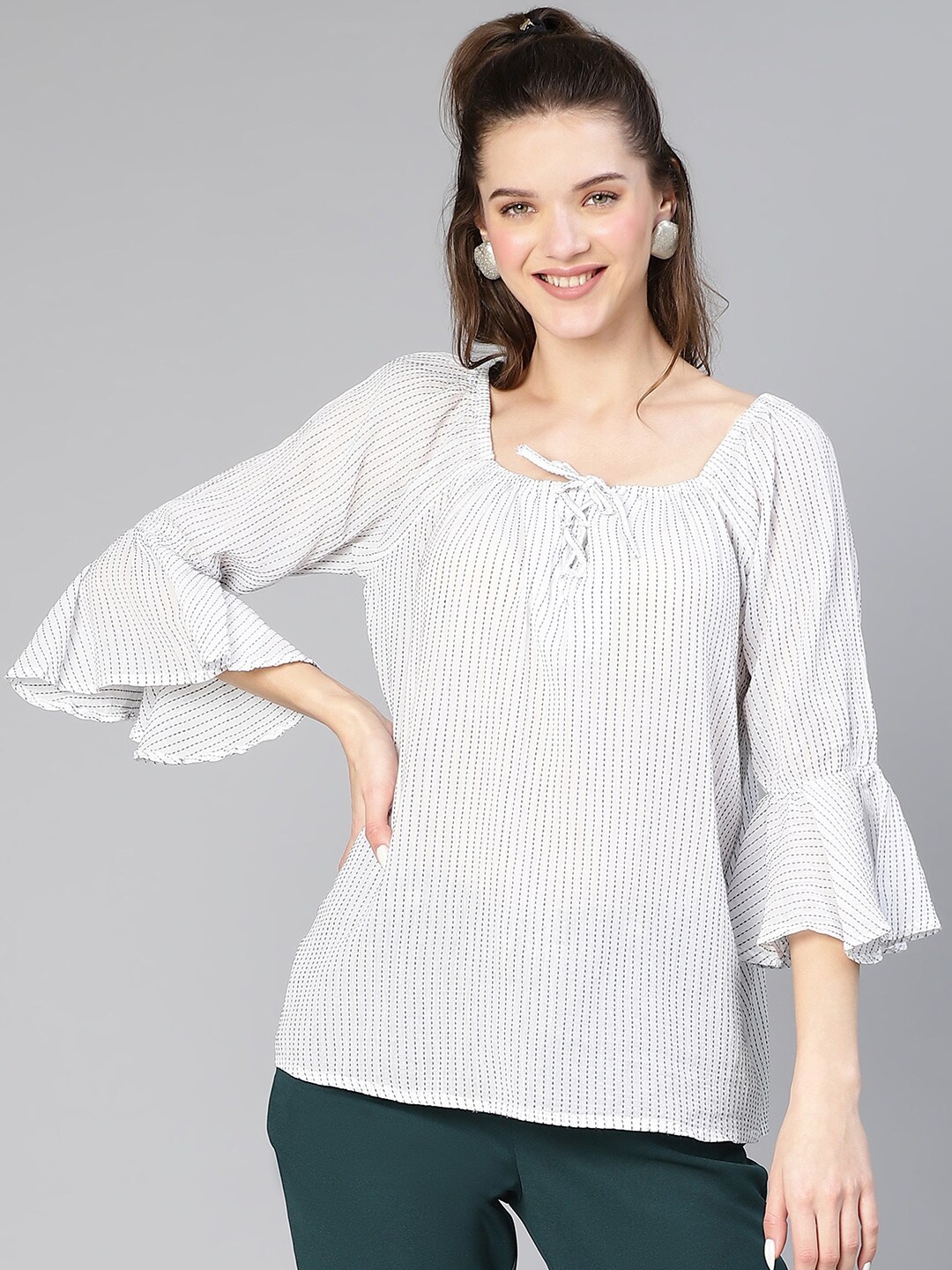 

Oxolloxo Striped Bell Sleeves Organic Cotton A-Line Top, Off white