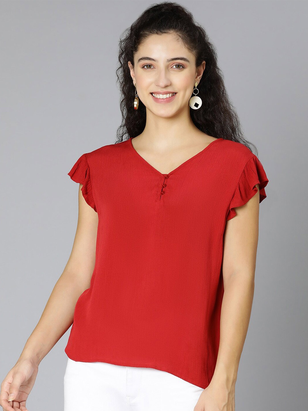 

Oxolloxo Ruffled Sleeves Regular Top, Red