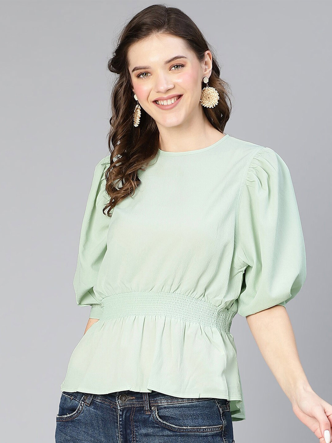 

Oxolloxo Cinched Waist Puff Sleeves Top, Green