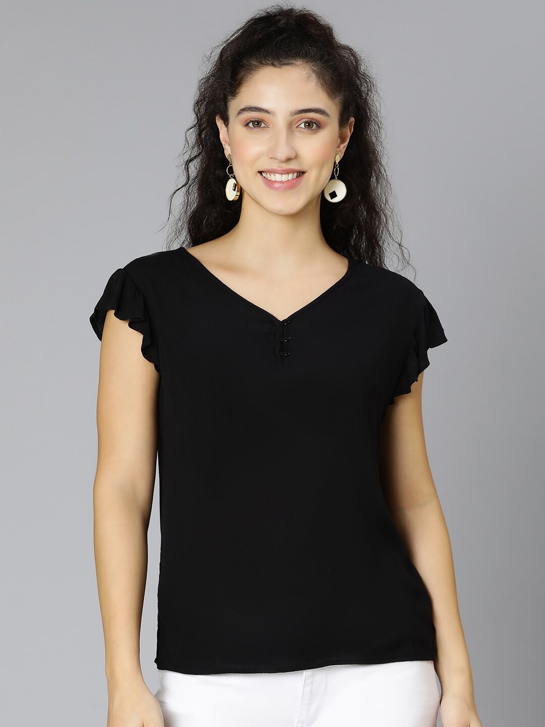 

Oxolloxo V-Neck Short flutter Sleeves Regular Crepe Top, Black