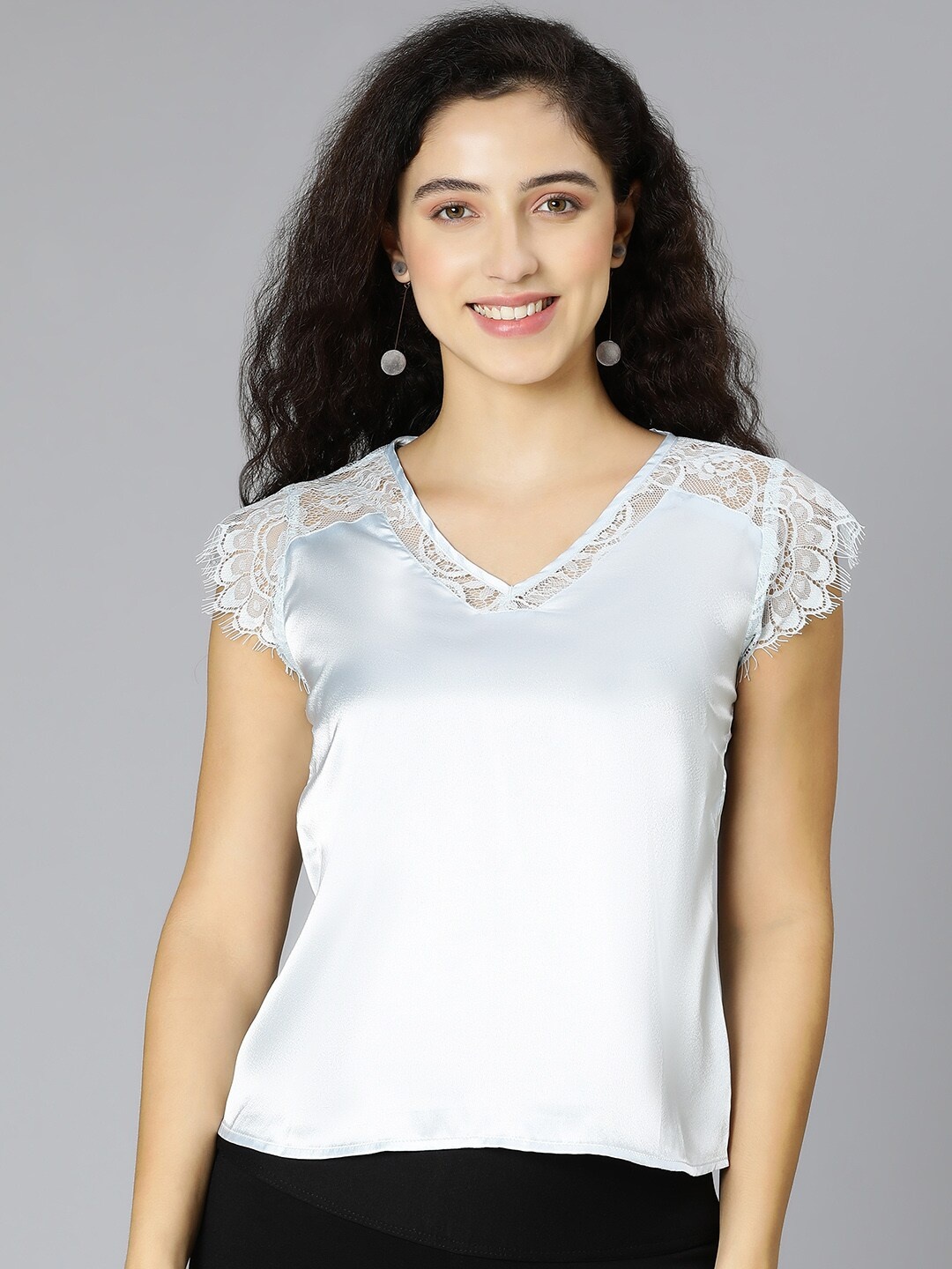 

Oxolloxo V-Neck Lace-Up Satin Top, Grey