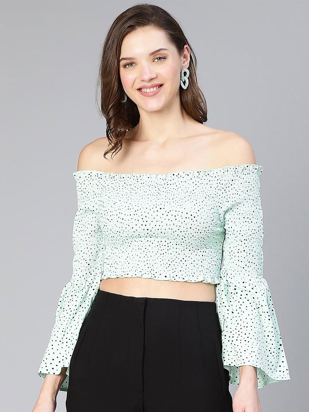 

Oxolloxo Polka Dot Printed Off-Shoulder Bardot Crop Top, Sea green
