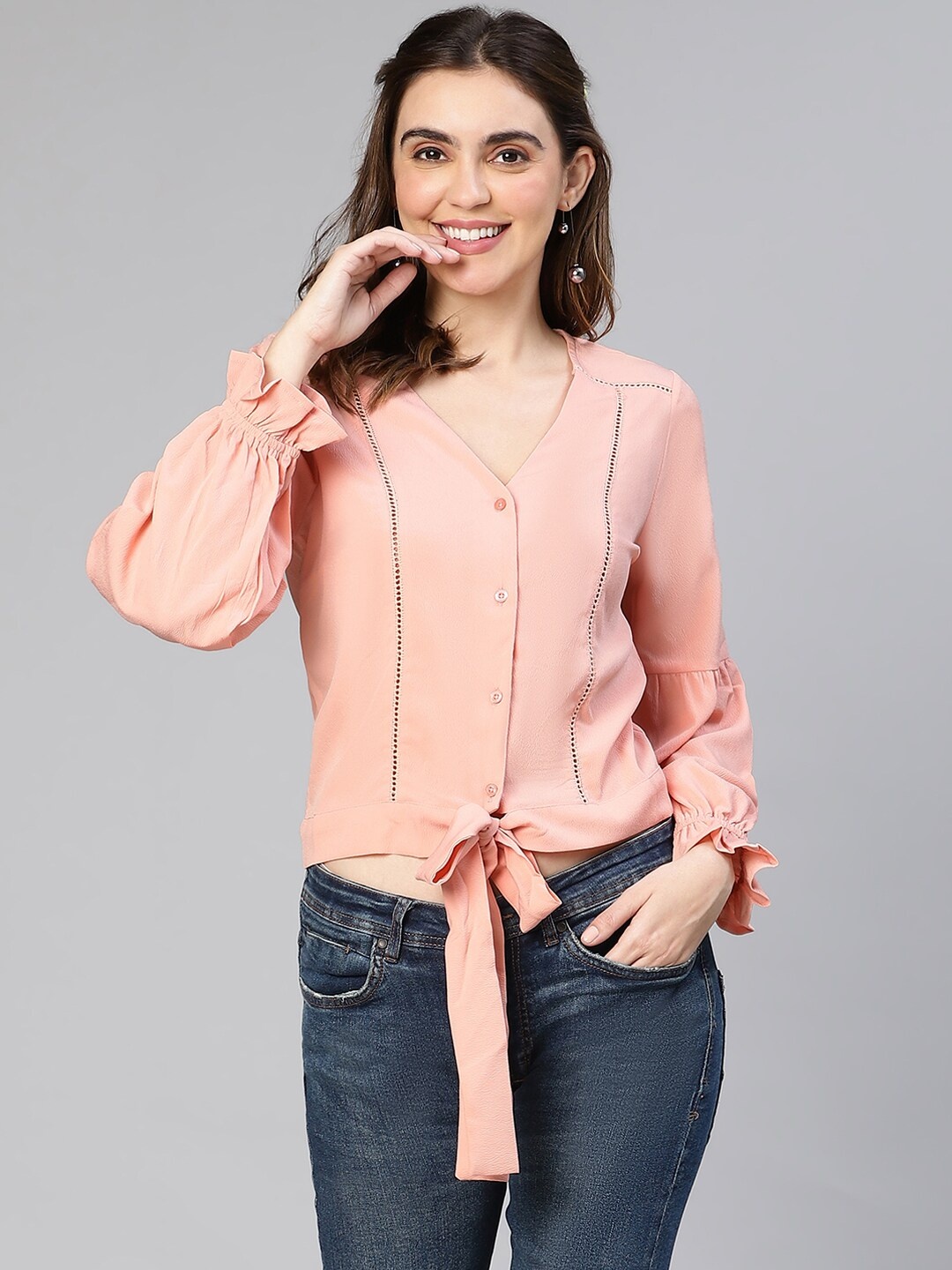 

Oxolloxo Striped Crepe Shirt Style Top, Peach