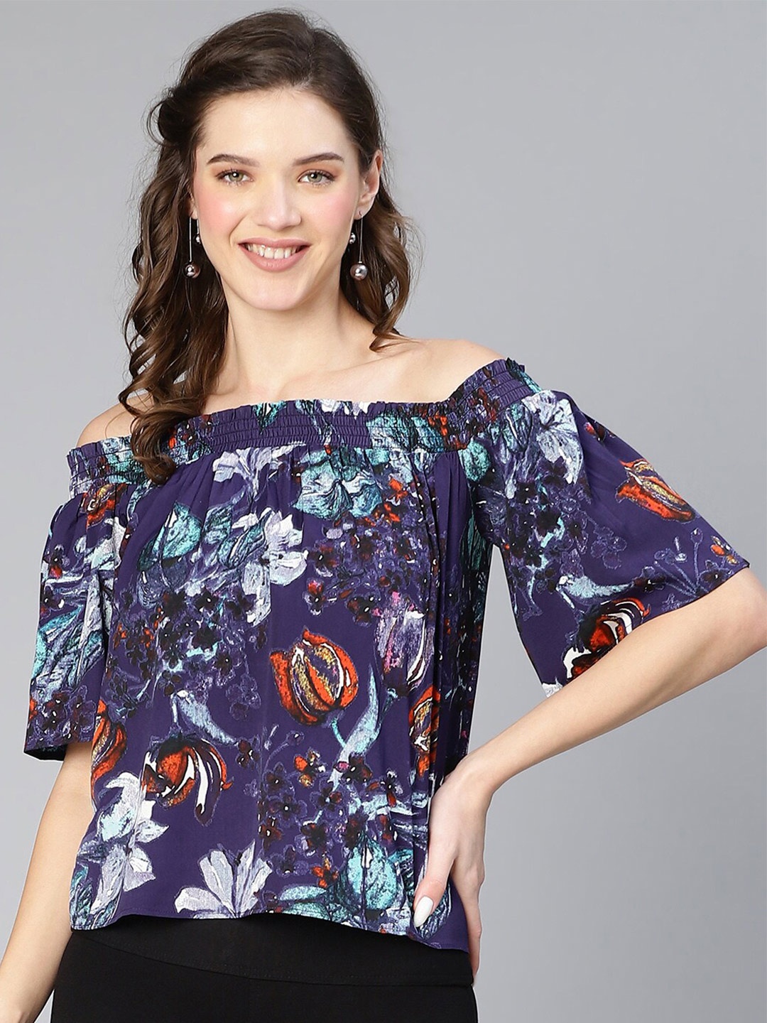 

Oxolloxo Floral Print Off-Shoulder Crepe Bardot Top, Navy blue