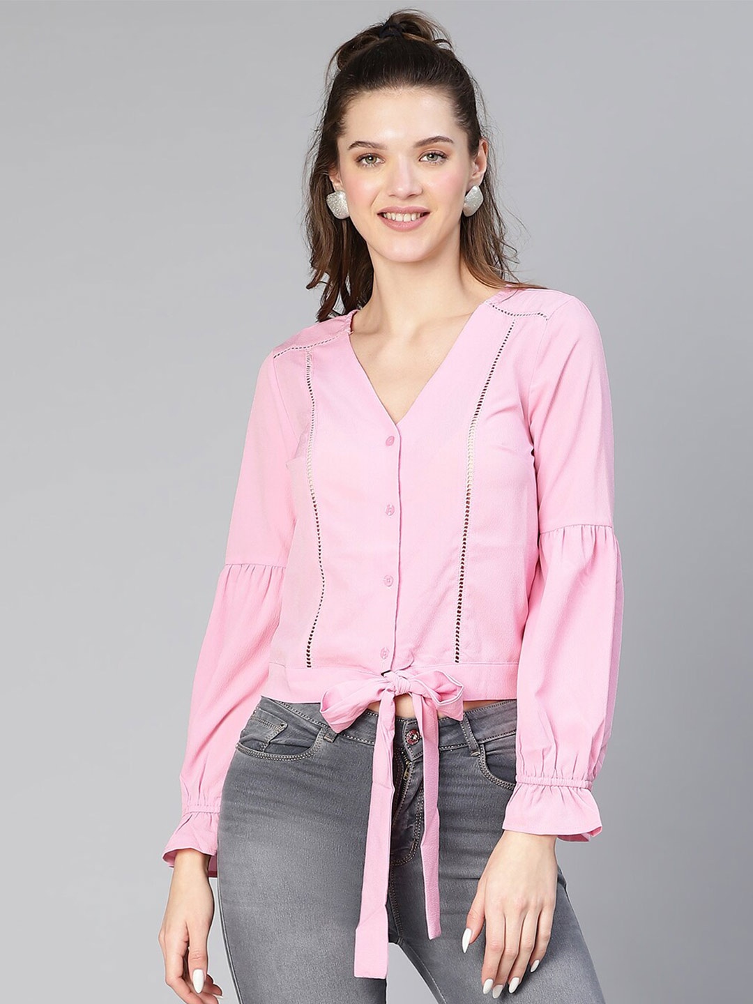 

Oxolloxo Crepe Shirt Style Down Lace Detail Tie Knotted Top, Pink