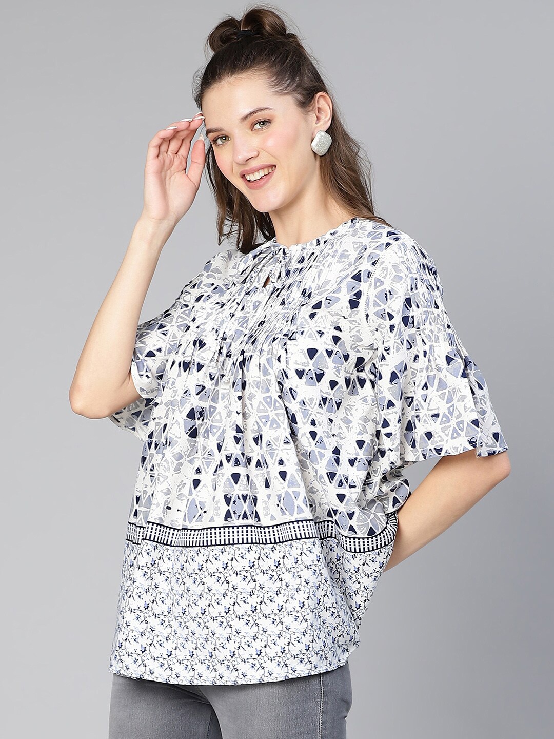 

Oxolloxo Floral Printed Tie-Up Neck A-Line Top, White