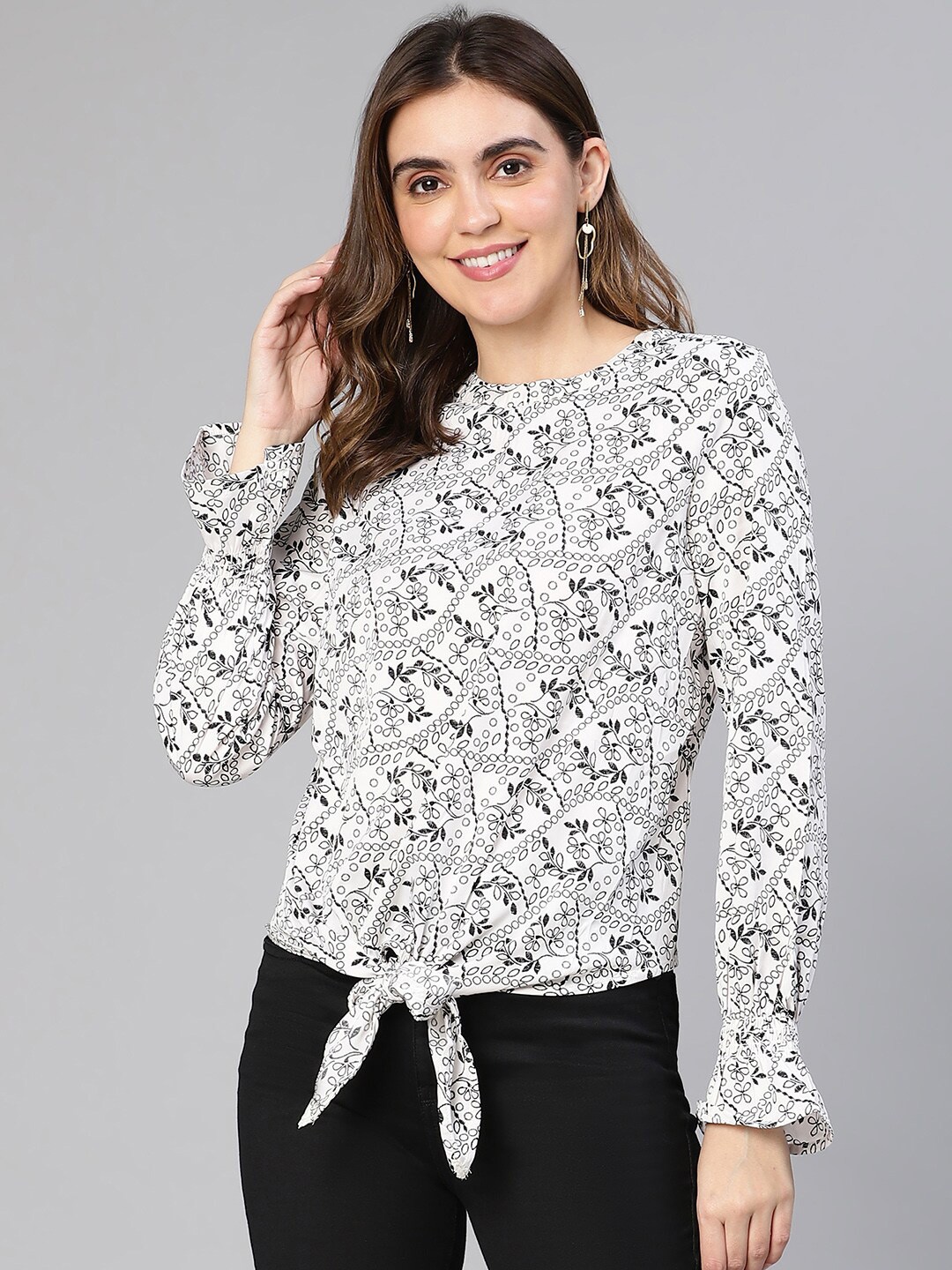 

Oxolloxo Floral Printed Bell Sleeves Tie-Ups Top, White