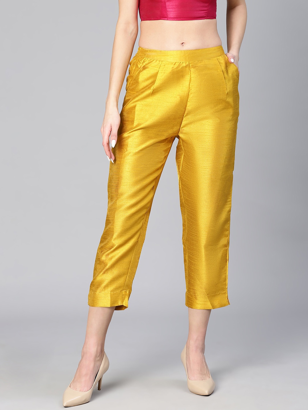 

Oxolloxo Women Tailored Tapered Fit Mid-Rise Trousers, Mustard