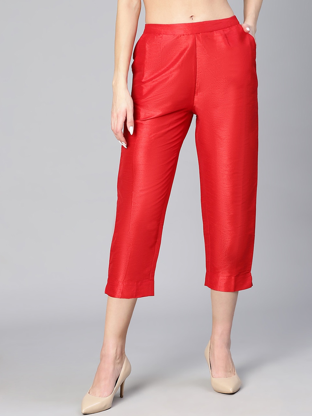 

Oxolloxo Women Tailored Tapered Fit Mid-Rise Trousers, Red