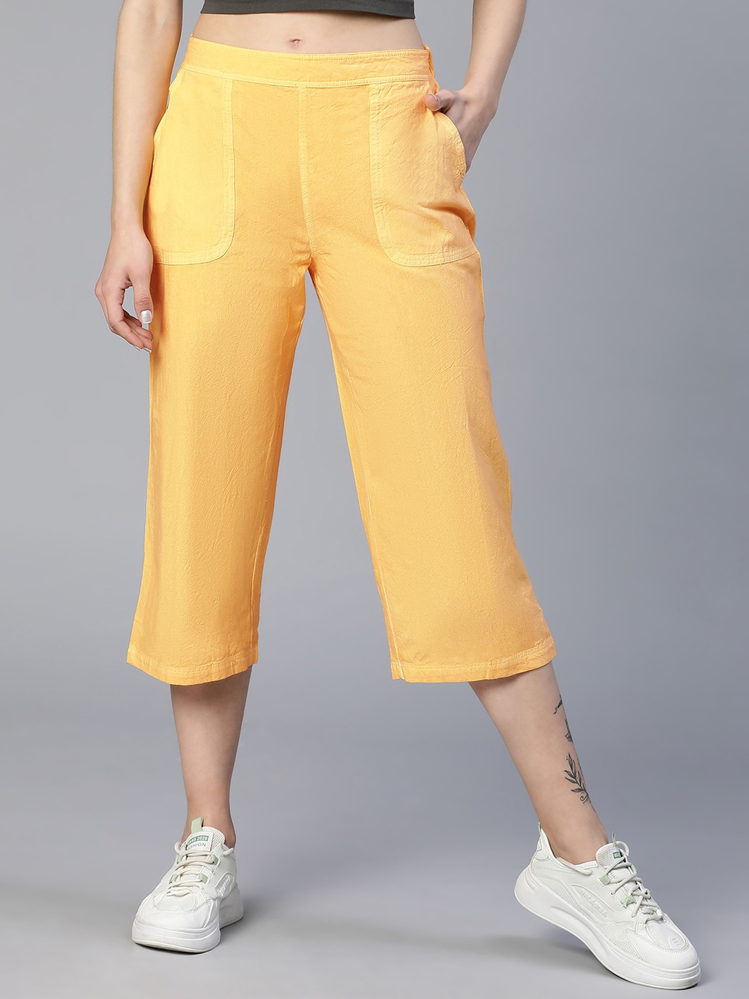 

Oxolloxo Women Classic Mid-Rise Cotton Culottes, Yellow