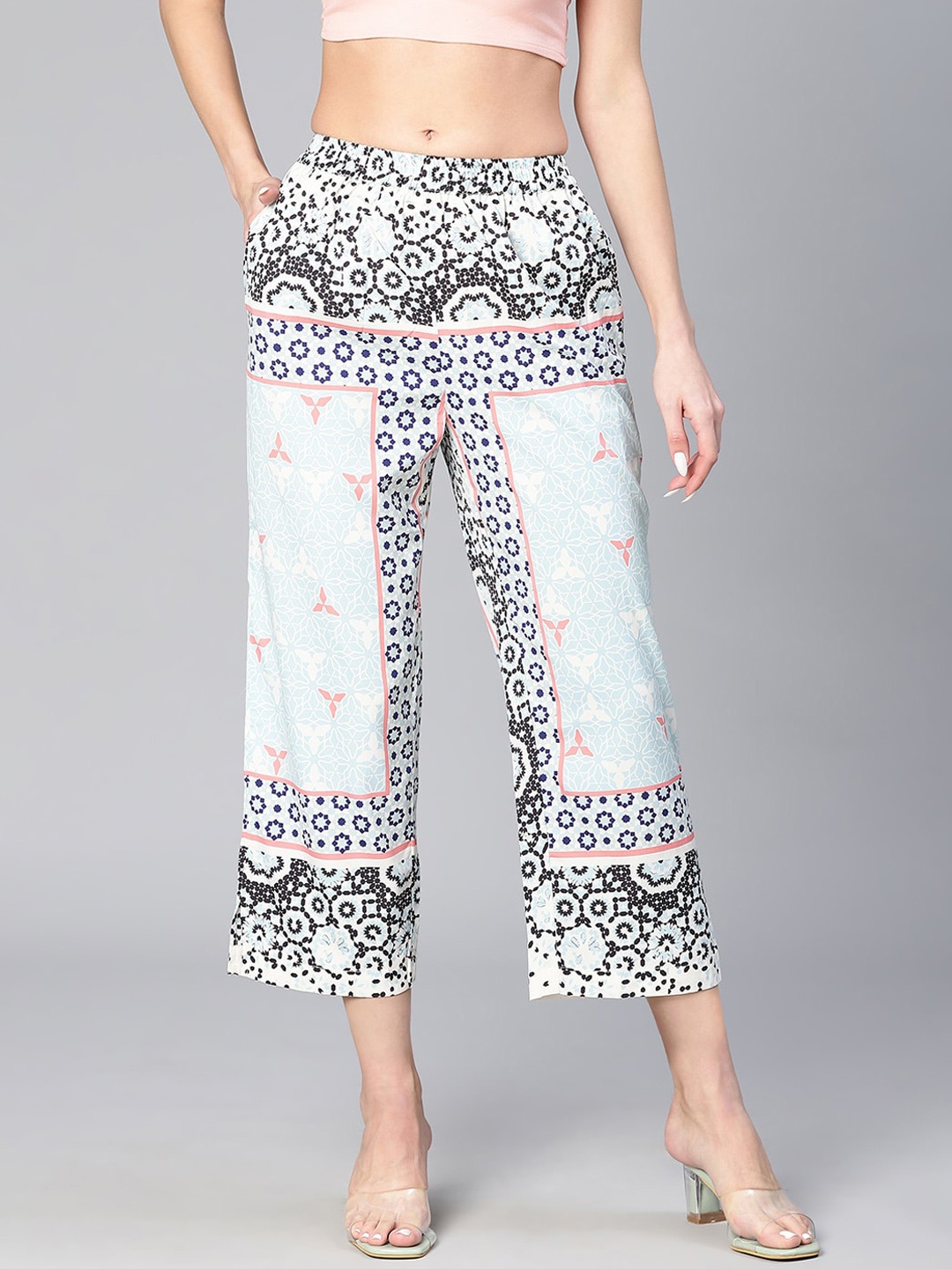

Oxolloxo Women Floral Printed Tailored Straight Fit Easy Wash Parallel Trousers, Turquoise blue