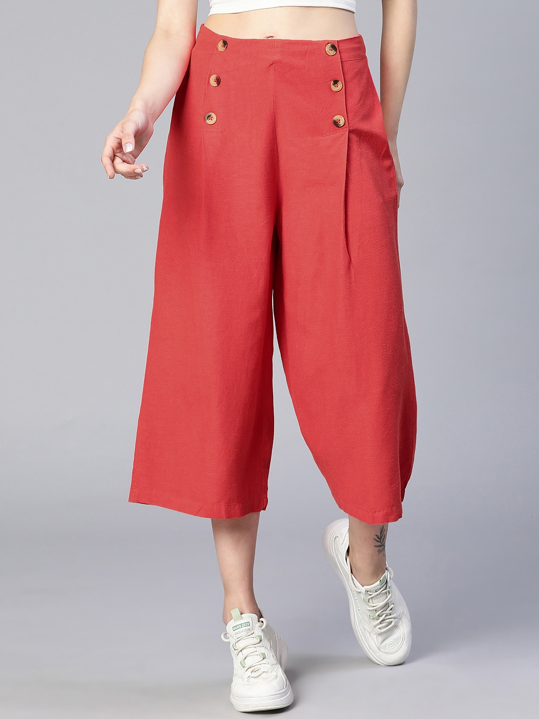 

Oxolloxo Women Relaxed Pleated Linen Culottes, Red