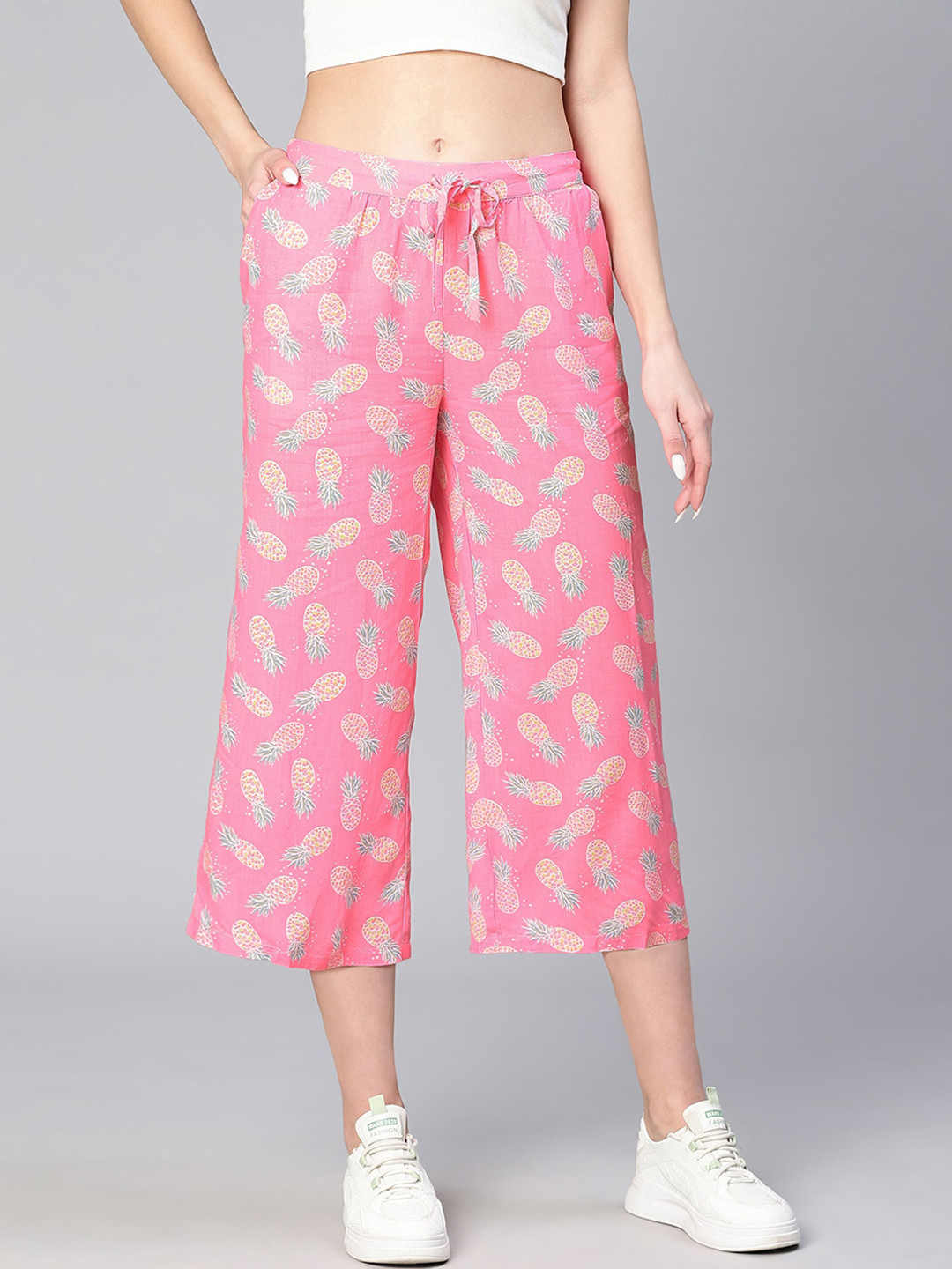 

Oxolloxo Women Printed Relaxed Straight Fit Easy Wash Culottes, Pink