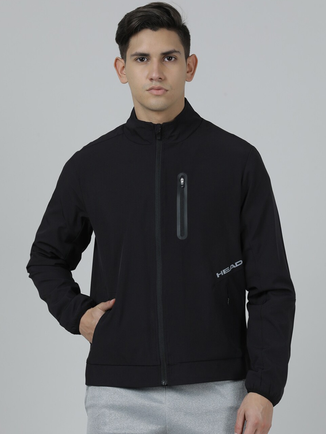 

Head Men Stand Collar Zip Detail Long Sleeves Outdoor Bomber Jacket, Black