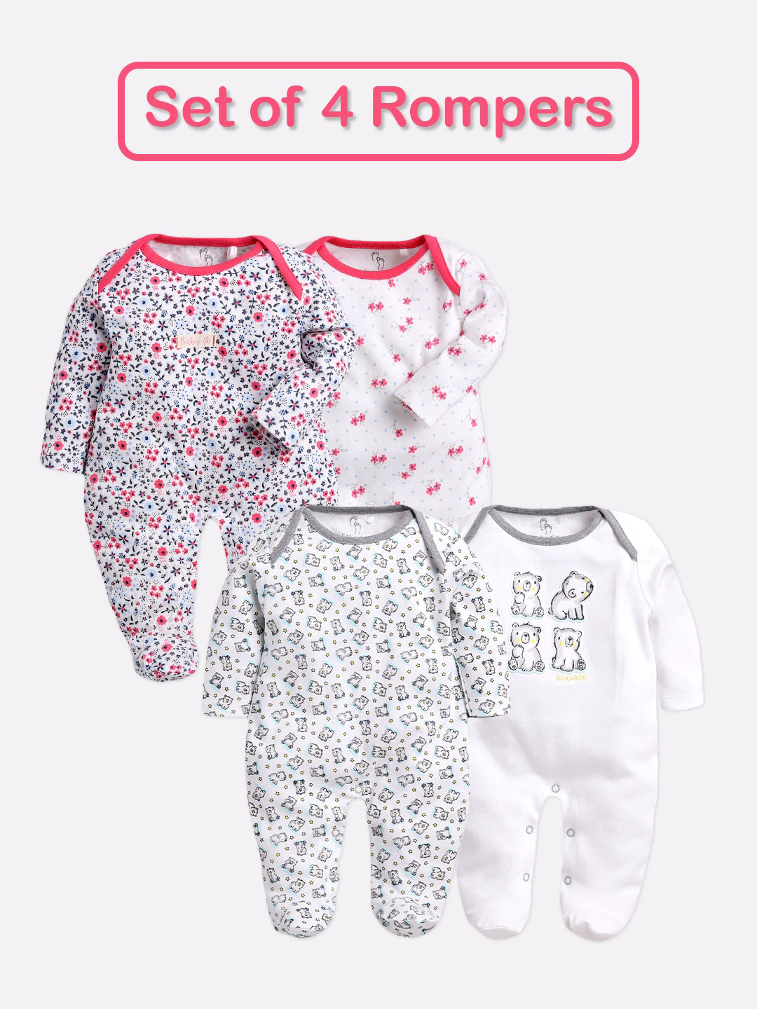 

BABY GO Kids Pack Of 4 Printed Pure Cotton Sleepsuits, White
