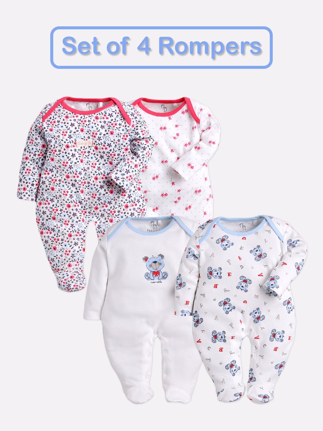 

BABY GO Kids Pack Of 4 Printed Pure Cotton Sleepsuits, White