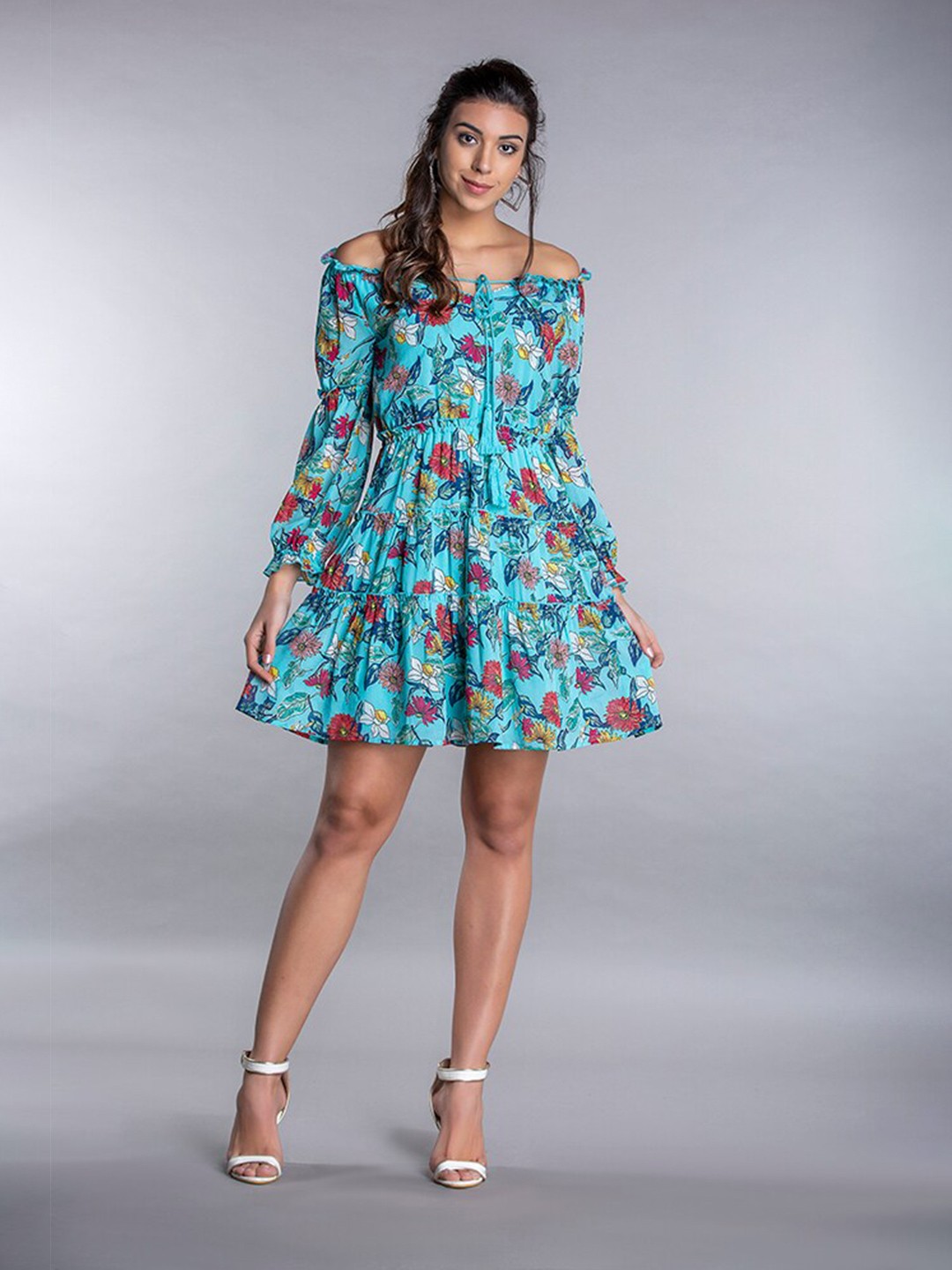 

MKOAL Off-Shoulder With Tie-Up Detail Floral Crepe Dress, Blue