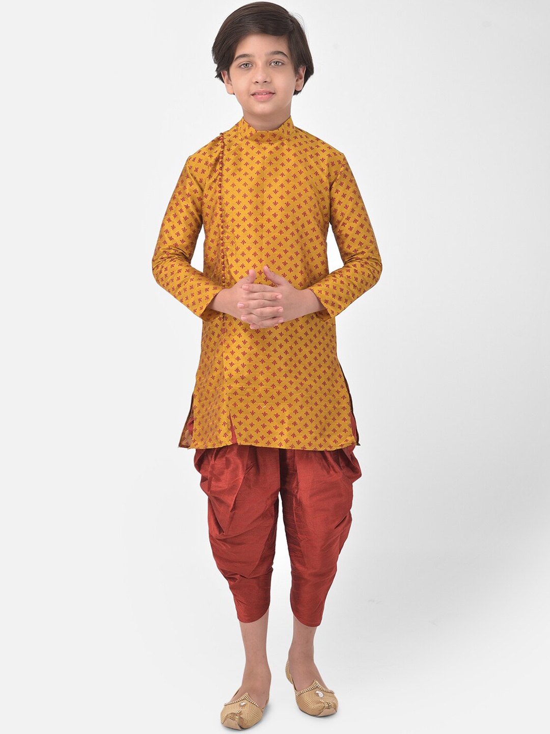 

DEYANN Boys Ethnic Motifs Printed Angrakha Kurta with Patiala, Mustard