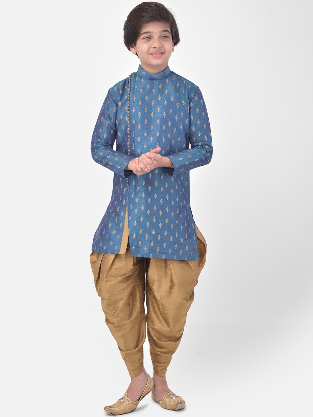 

DEYANN Boys Ethnic Motifs Printed Dupion Silk Kurta with Patiala, Blue