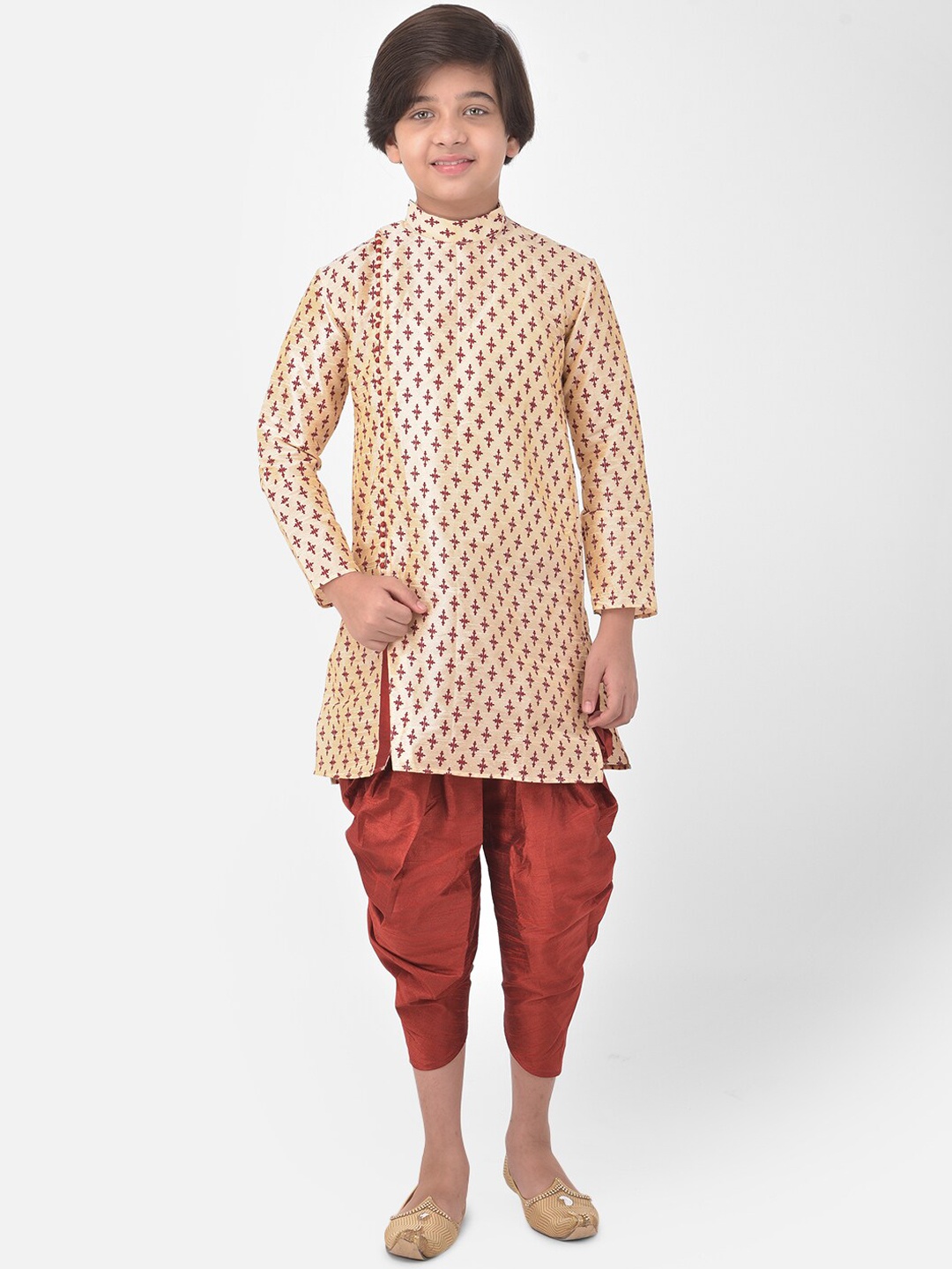 

DEYANN Boys Ethnic Motifs Printed Angrakha Kurta with Patiala, Cream