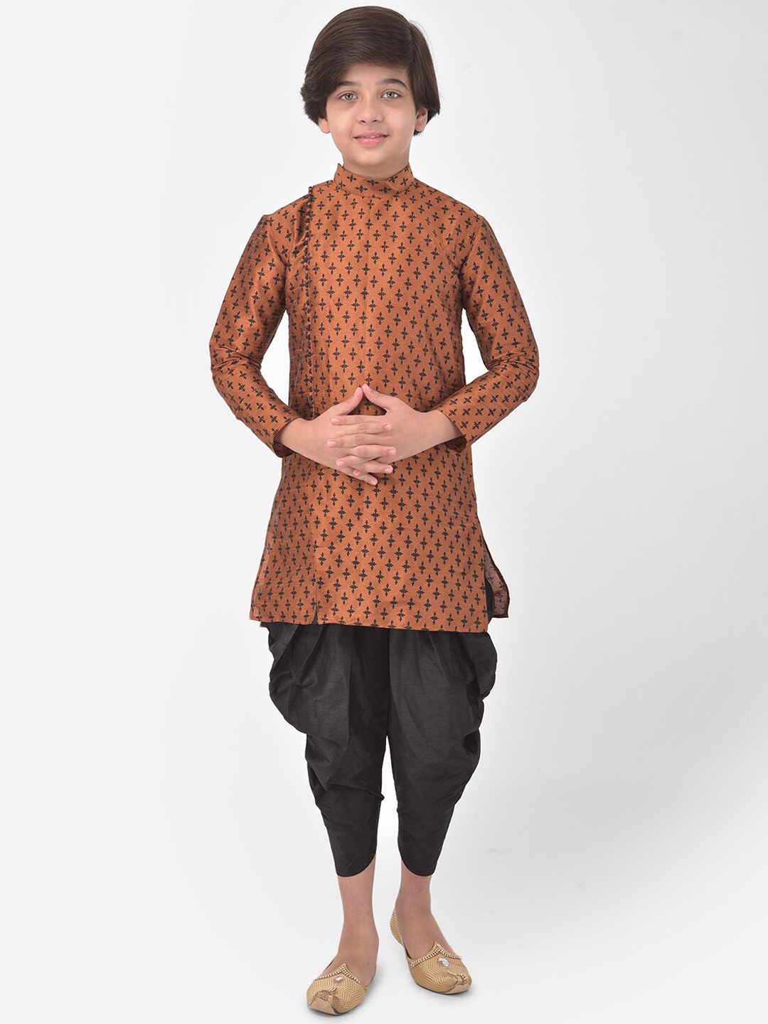 

DEYANN Boys Ethnic Motifs Printed Dupion Silk Kurta with Patiala, Copper