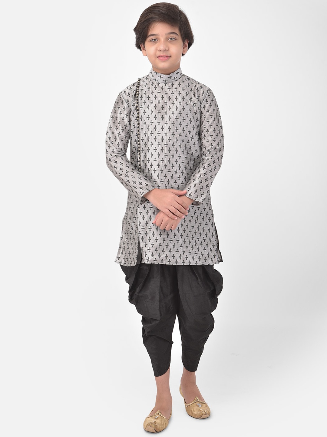 

DEYANN Boys Ethnic Motifs Printed Band Collar Dupion Silk Kurta With Dhoti Pants, Silver