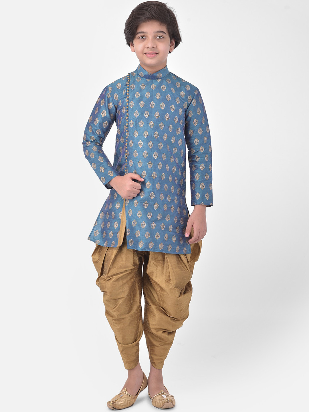 

DEYANN Boys Ethnic Motifs Printed Dupion Silk Kurta with Patiala, Blue