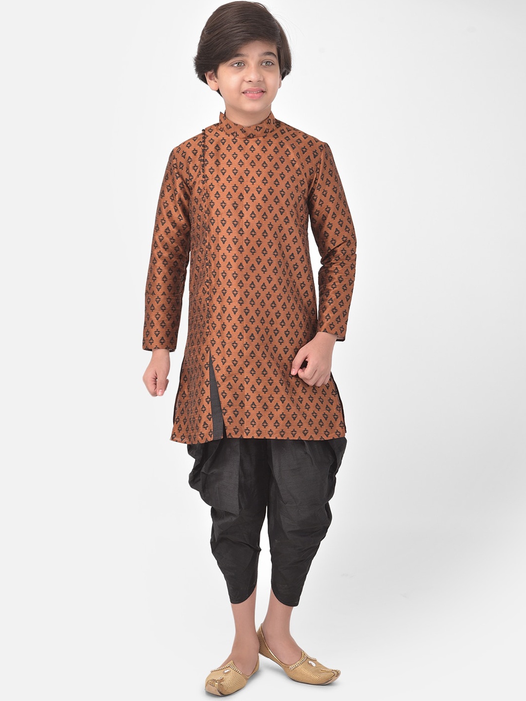 

DEYANN Boys Ethnic Motifs Printed Mandarin Collar Dupion Silk Kurta With Dhoti Pants, Copper