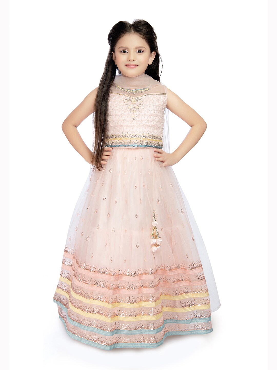 

Tiny Kingdom Girls Embroidered Ready to Wear Lehenga & Blouse With Dupatta, Peach