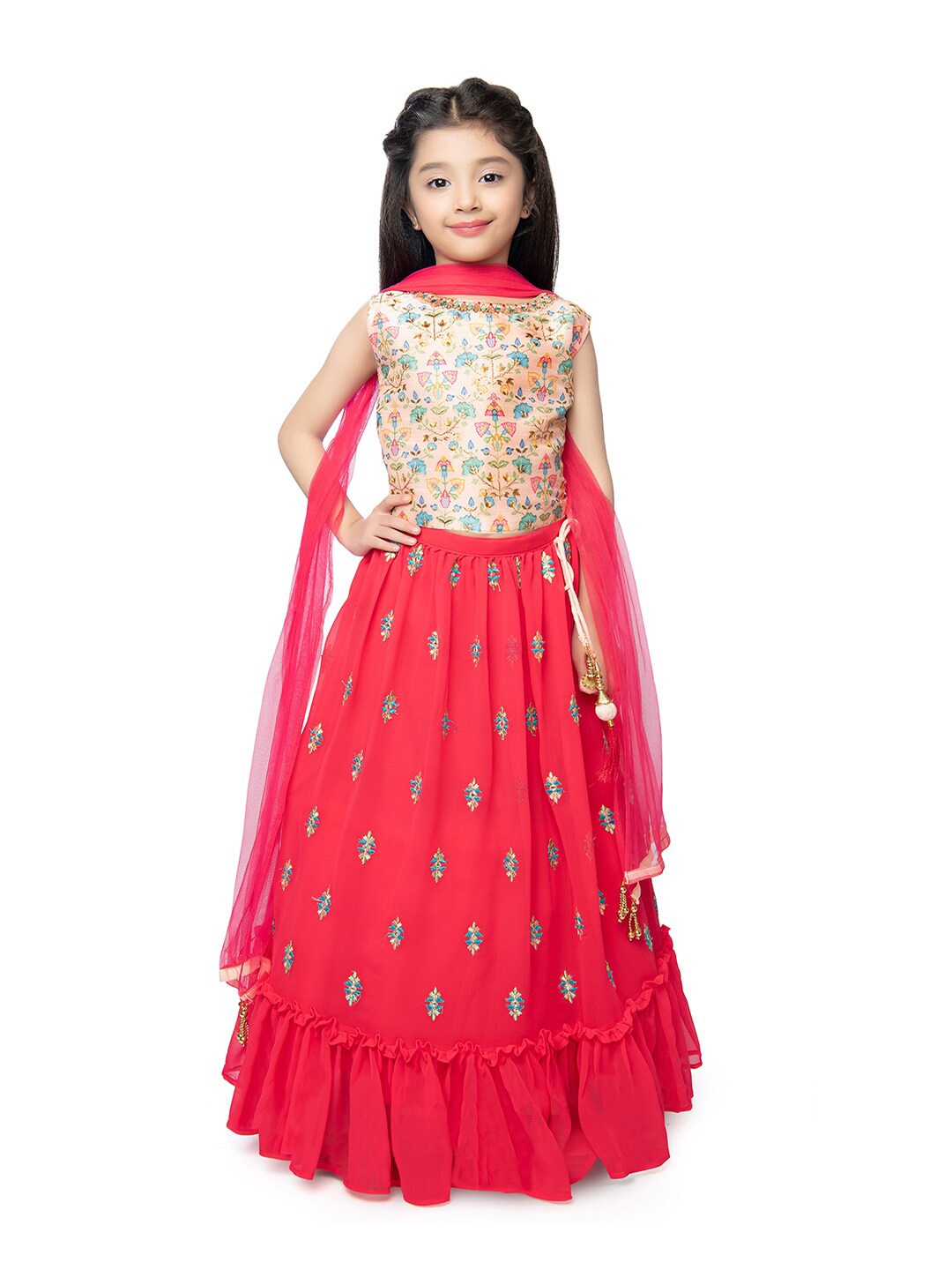 

Tiny Kingdom Girls Printed Ready to Wear Lehenga & Blouse With Dupatta, Fuchsia