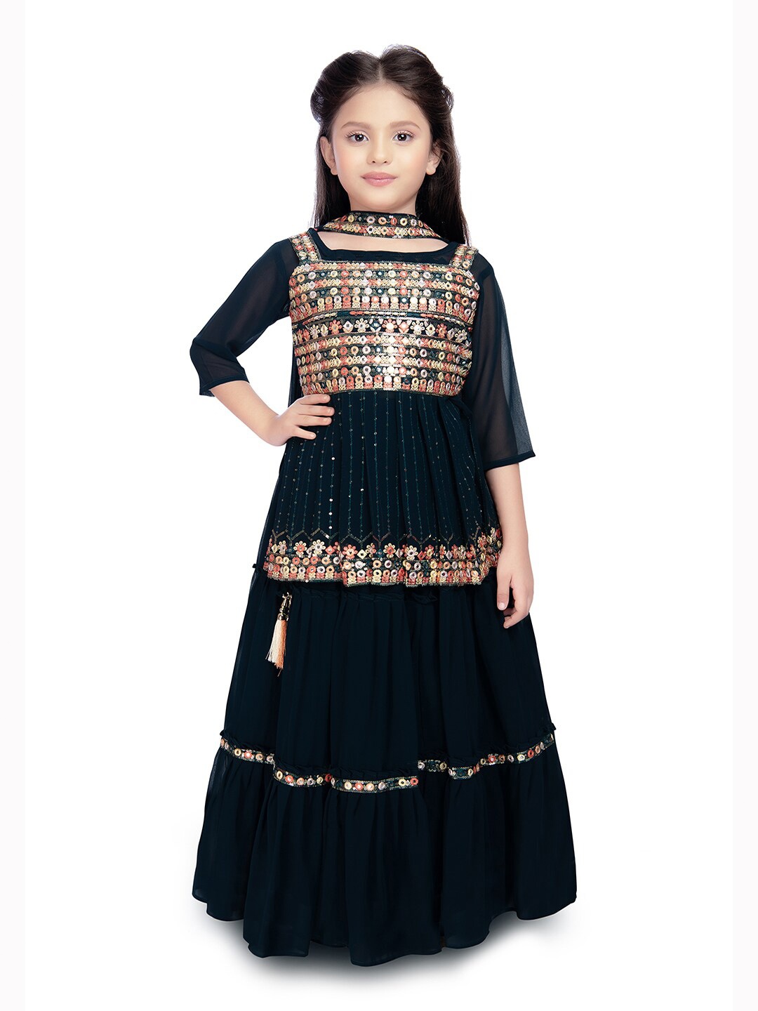 

Tiny Kingdom Girls Embroidered Ready to Wear Lehenga With Blouse & Dupatta, Navy blue