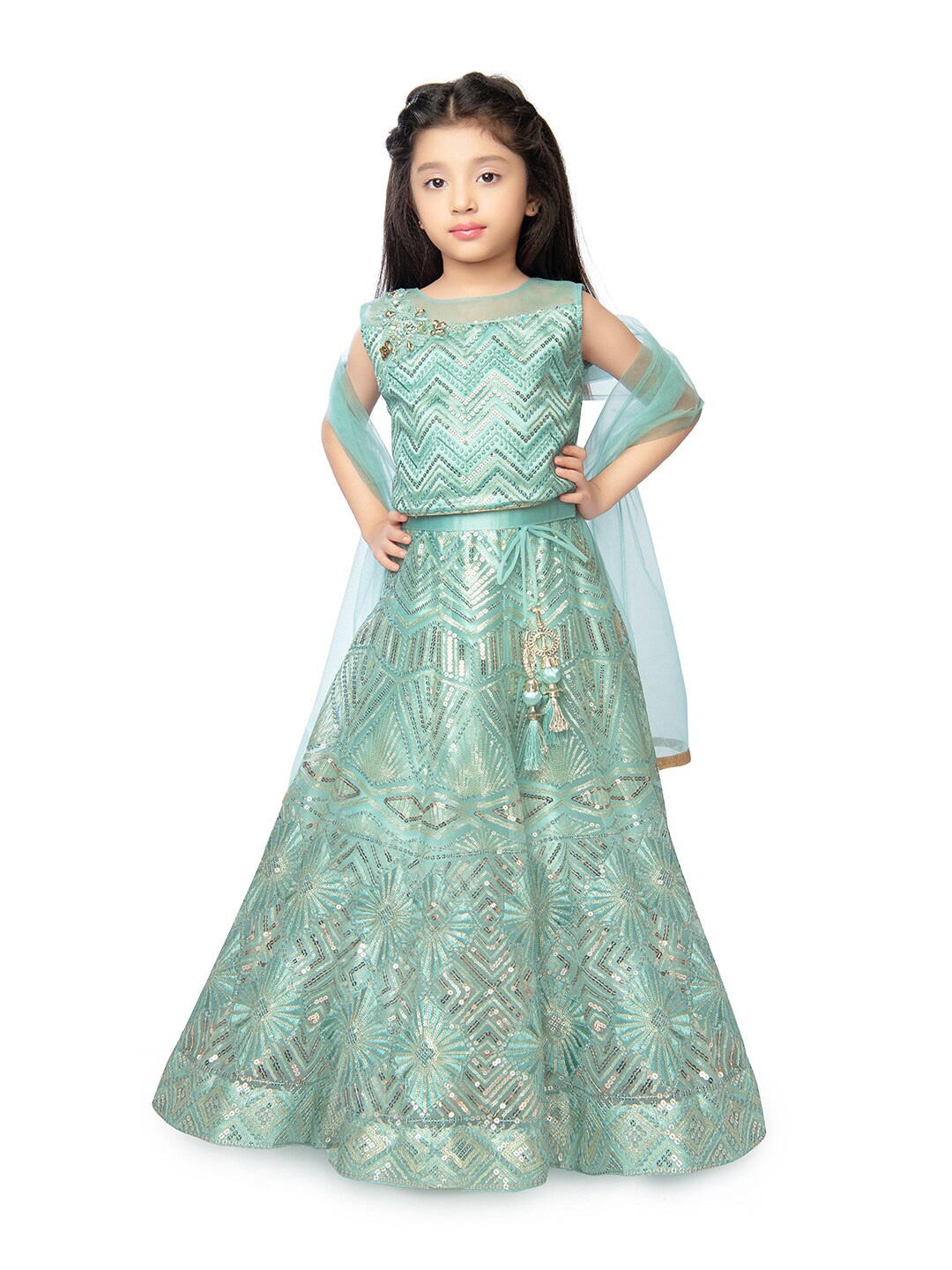 

Tiny Kingdom Girls Embellished Sequinned Ready to Wear Lehenga & Blouse With Dupatta, Sea green