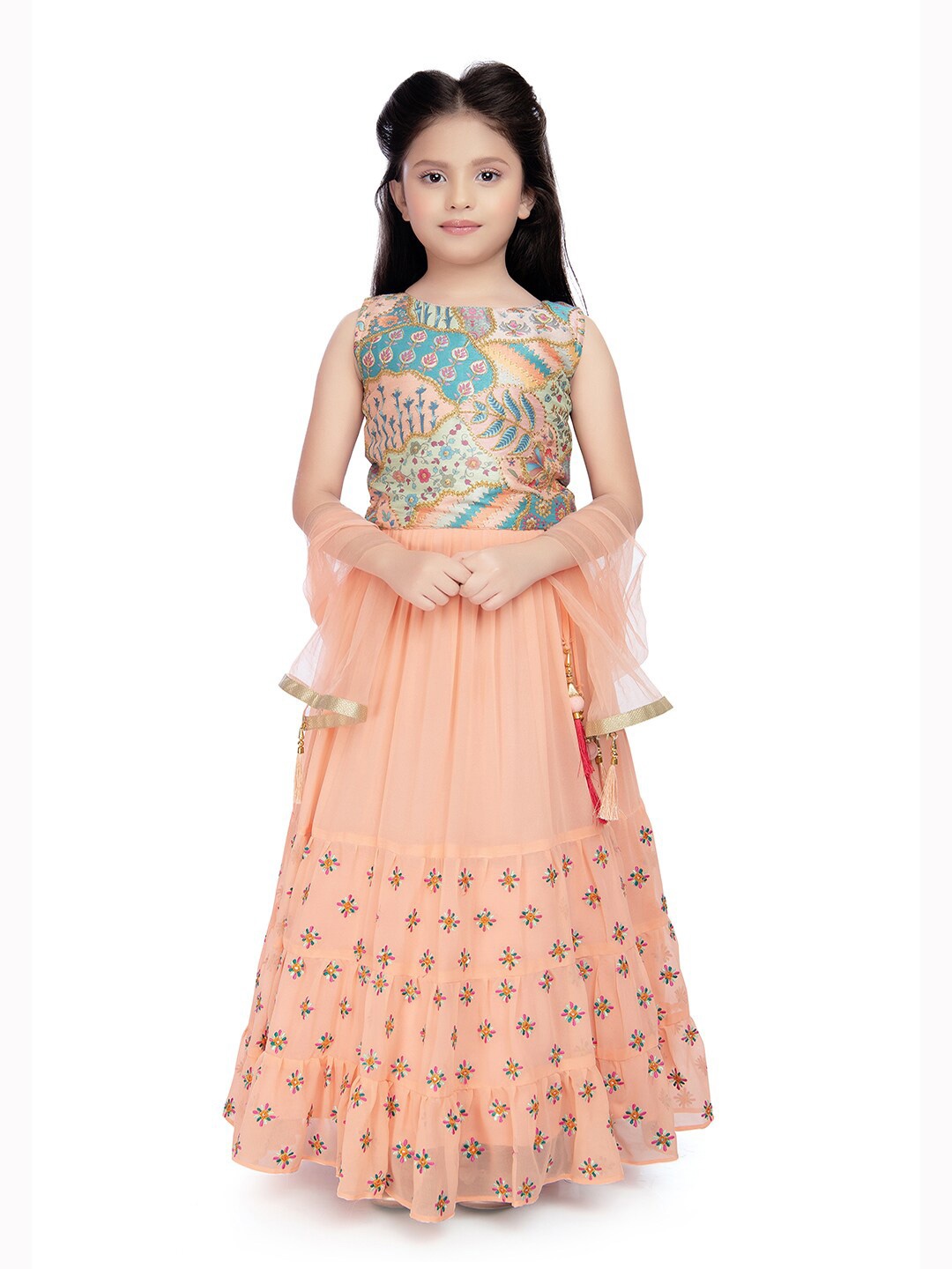 

Tiny Kingdom Girls Printed Ready to Wear Lehenga & Blouse With Dupatta, Peach