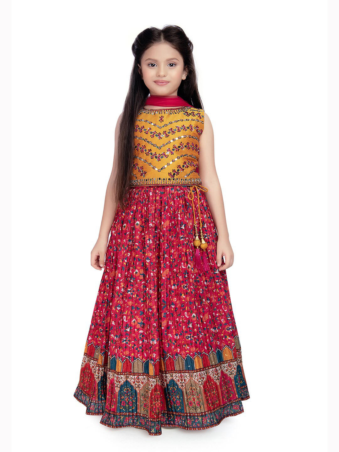 

Tiny Kingdom Girls Embroidered Mirror Work Ready to Wear Lehenga & Blouse With Dupatta, Fuchsia