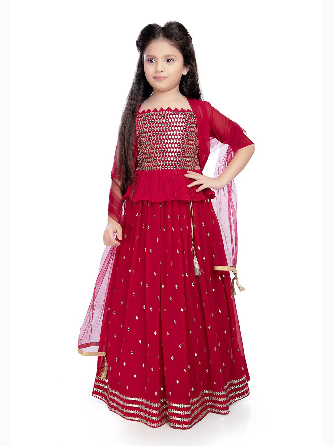 

Tiny Kingdom Girls Embroidered Ready to Wear Lehenga & Blouse With Dupatta & Jacket, Red