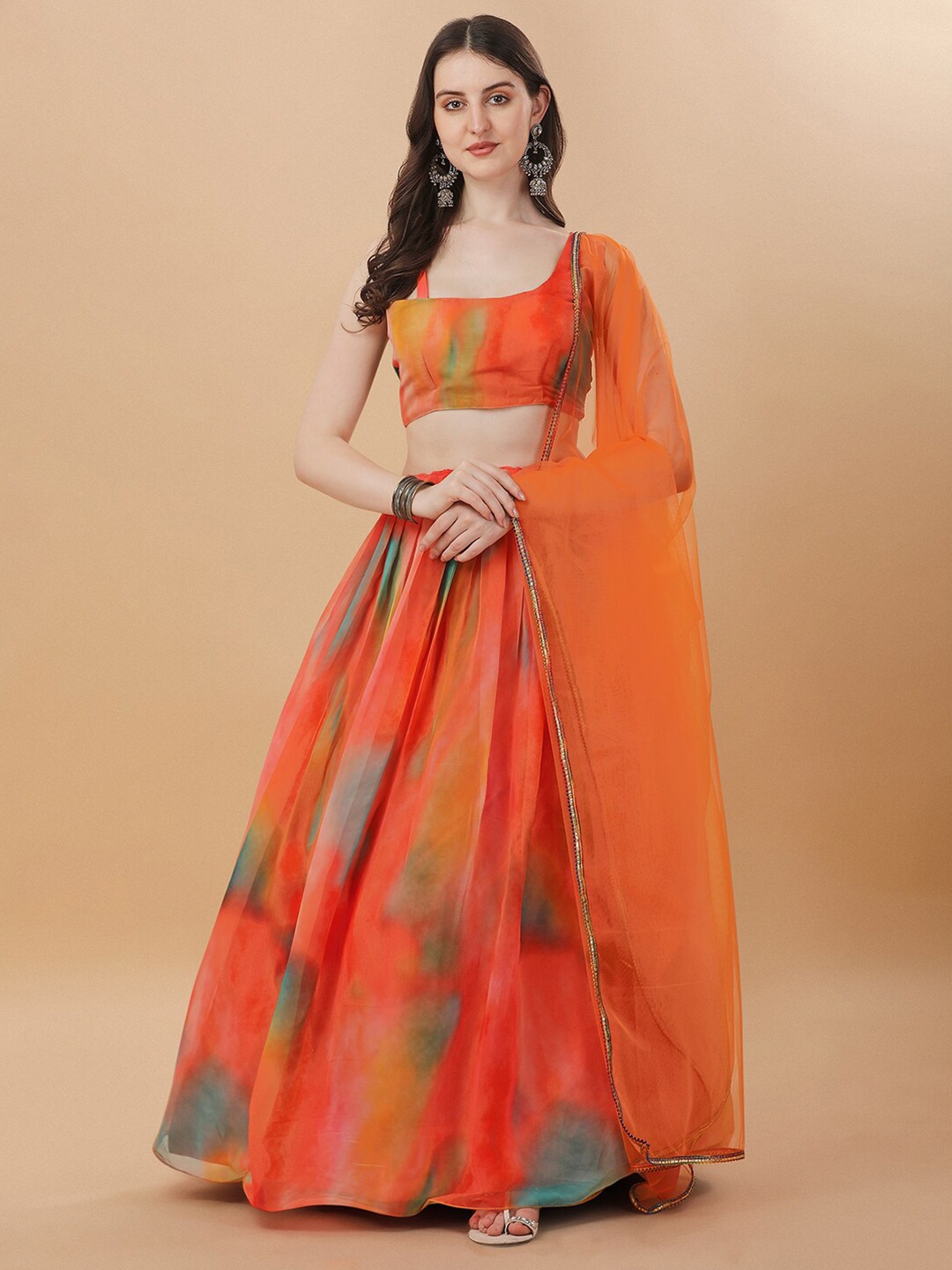 

Amrutam Fab Printed Semi-Stitched Lehenga & Unstitched Blouse With Dupatta, Orange
