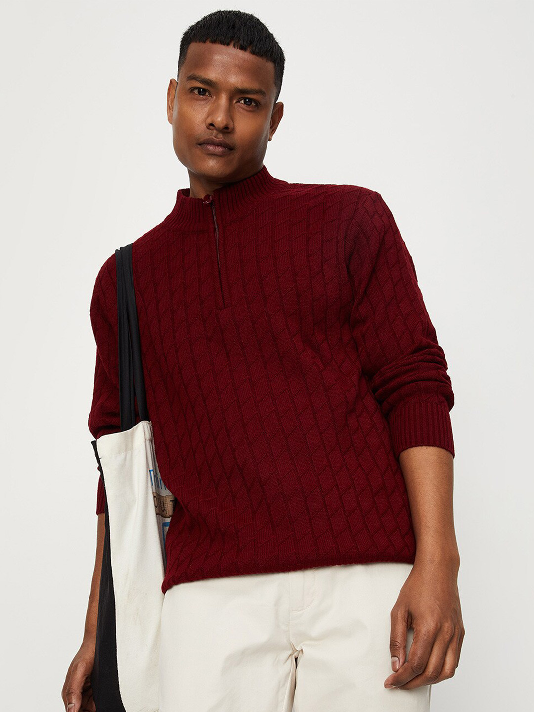 

max Mock Neck Cable Knit Acrylic Pullover, Burgundy