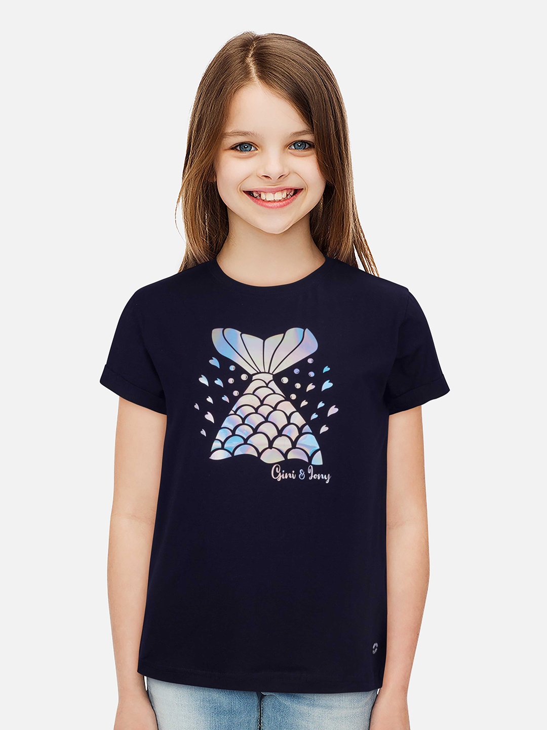 

Gini and Jony Girls Graphic Printed Cotton T-Shirt, Navy blue