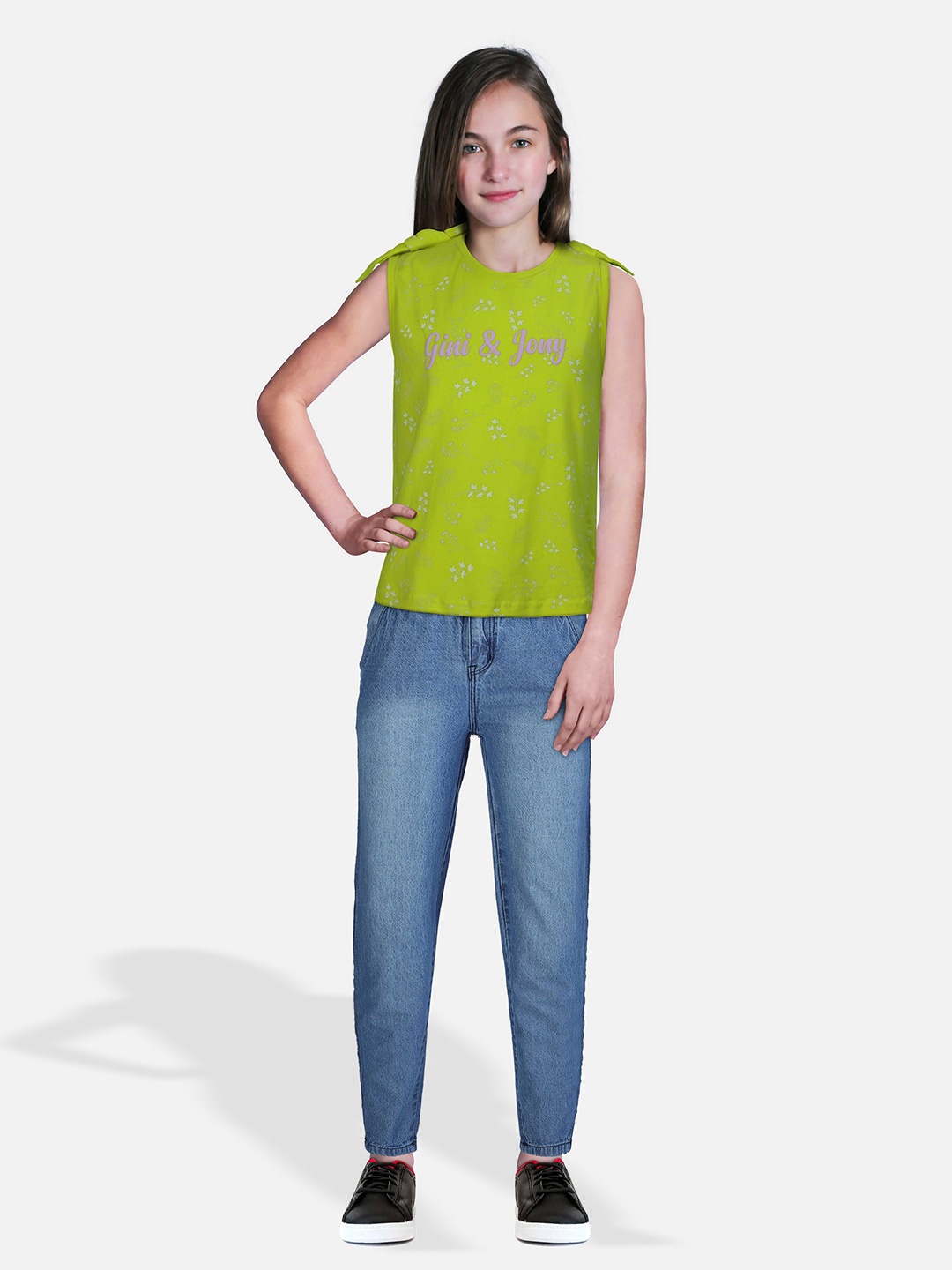 

Gini and Jony Girls Floral Printed Cotton Top, Green