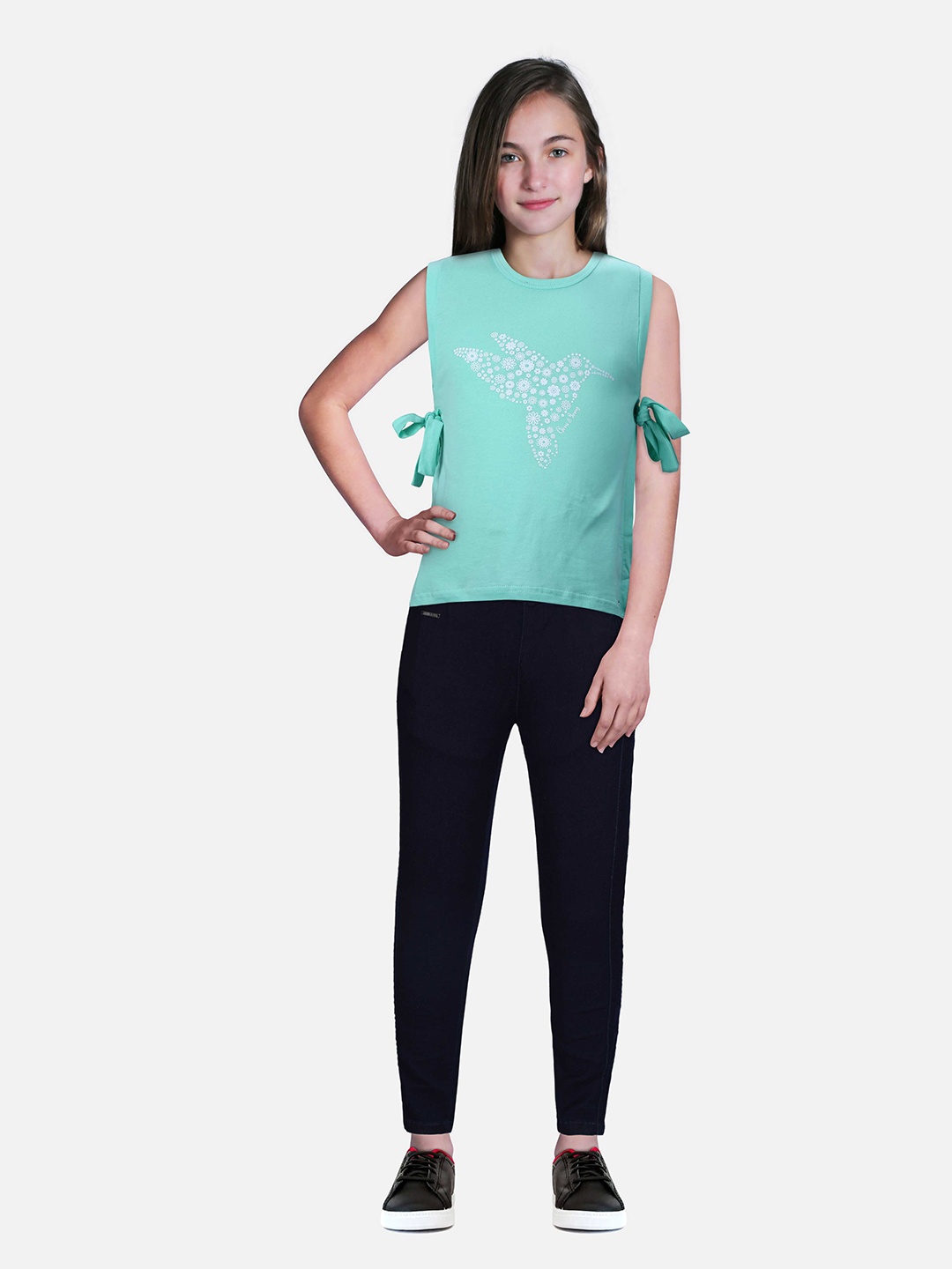 

Gini and Jony Girls Round Neck Floral Printed Top, Turquoise blue