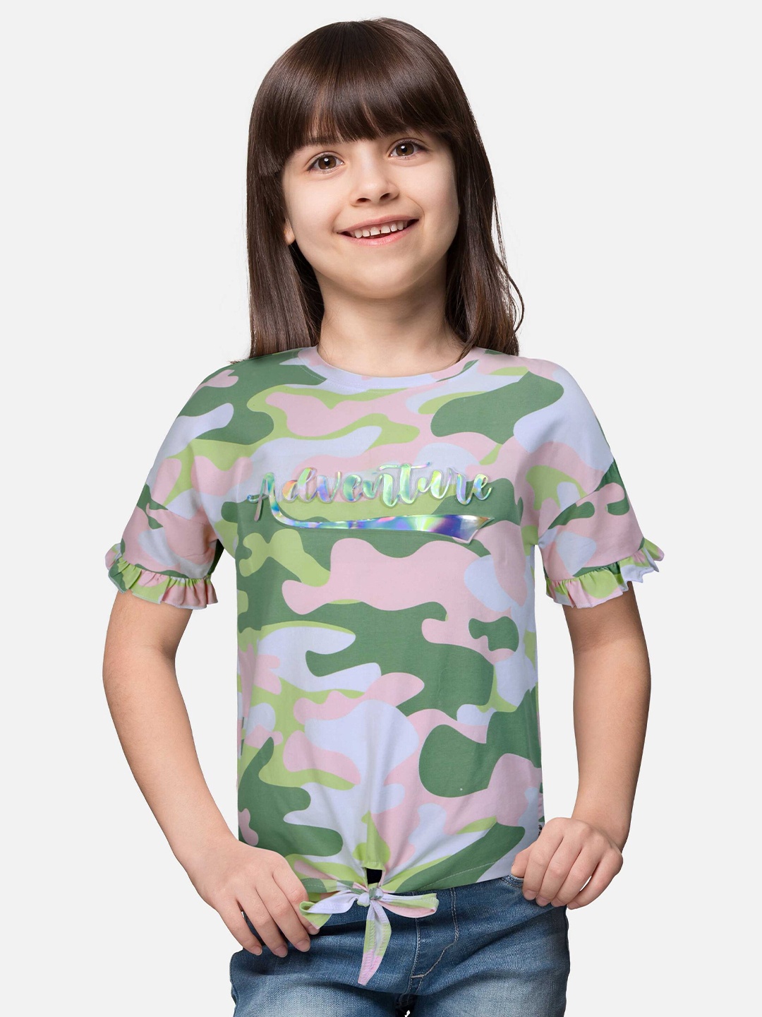 

Gini and Jony Girls Round Neck Camouflage Printed Cotton Top, Green