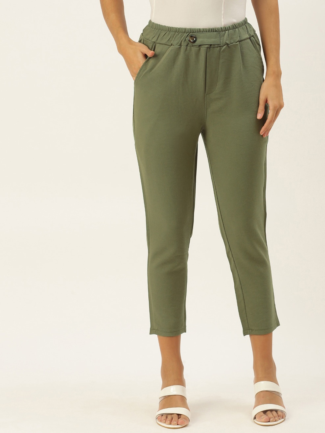 

SHECZZAR Women Mid-Rise Cigarette Trousers, Olive